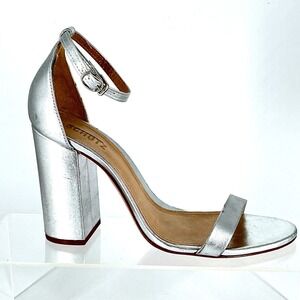Schutz Size 11 READ Cadey Lee Block Silver Metallic Leather Ankle Strap Sandals